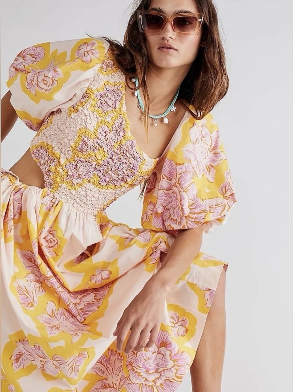Free People “Kalina” Yellow & Pink Floral Smocked Midi Dress